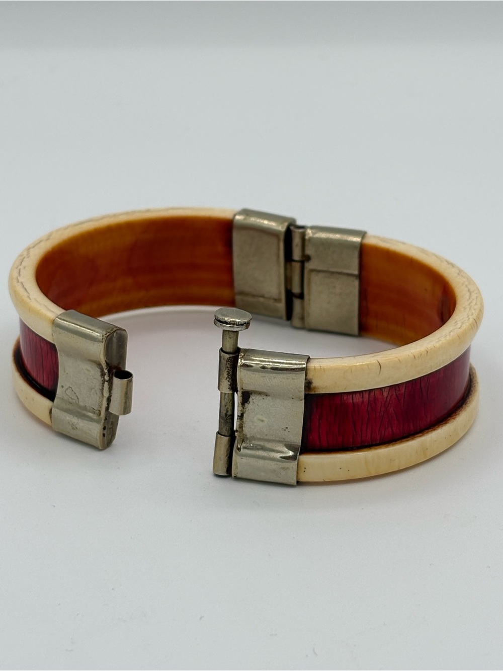 Vintage Cream & Cranberry Hinged Bangle Bracelet Large Size